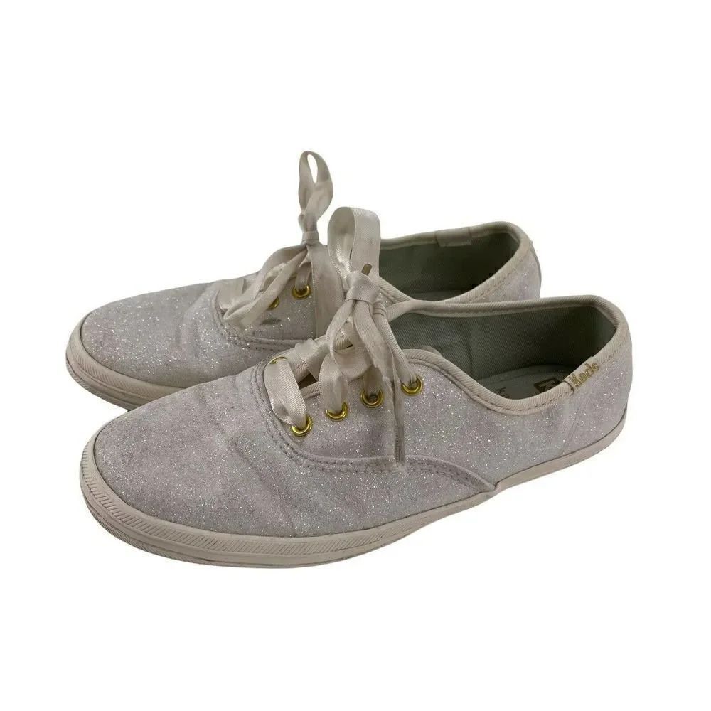 Keds Kate Spade Sneakers White Glitter Low Top Girls Size 2M Casual Glam Lace Up